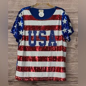 NWT BiBi Patriotic Flag Sequined Short Sleeve T-shirt SZ XL